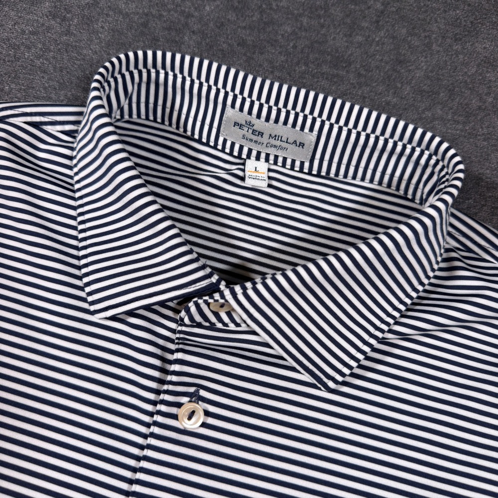 Peter Millar Polo Shirt Mens Large Blue Striped Summer Comfort Sea Island Golf